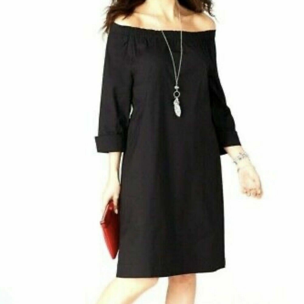 J. Jill Black Off The Shoulder 3/4 Cuffed Sleeve Pocket Shift Mini Dress Size M